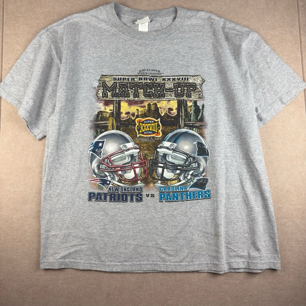 Y2K Lee Sport T-Shirt Men XL‎ Gray Super Bowl XXXVIII 2004 Patriots Panthers